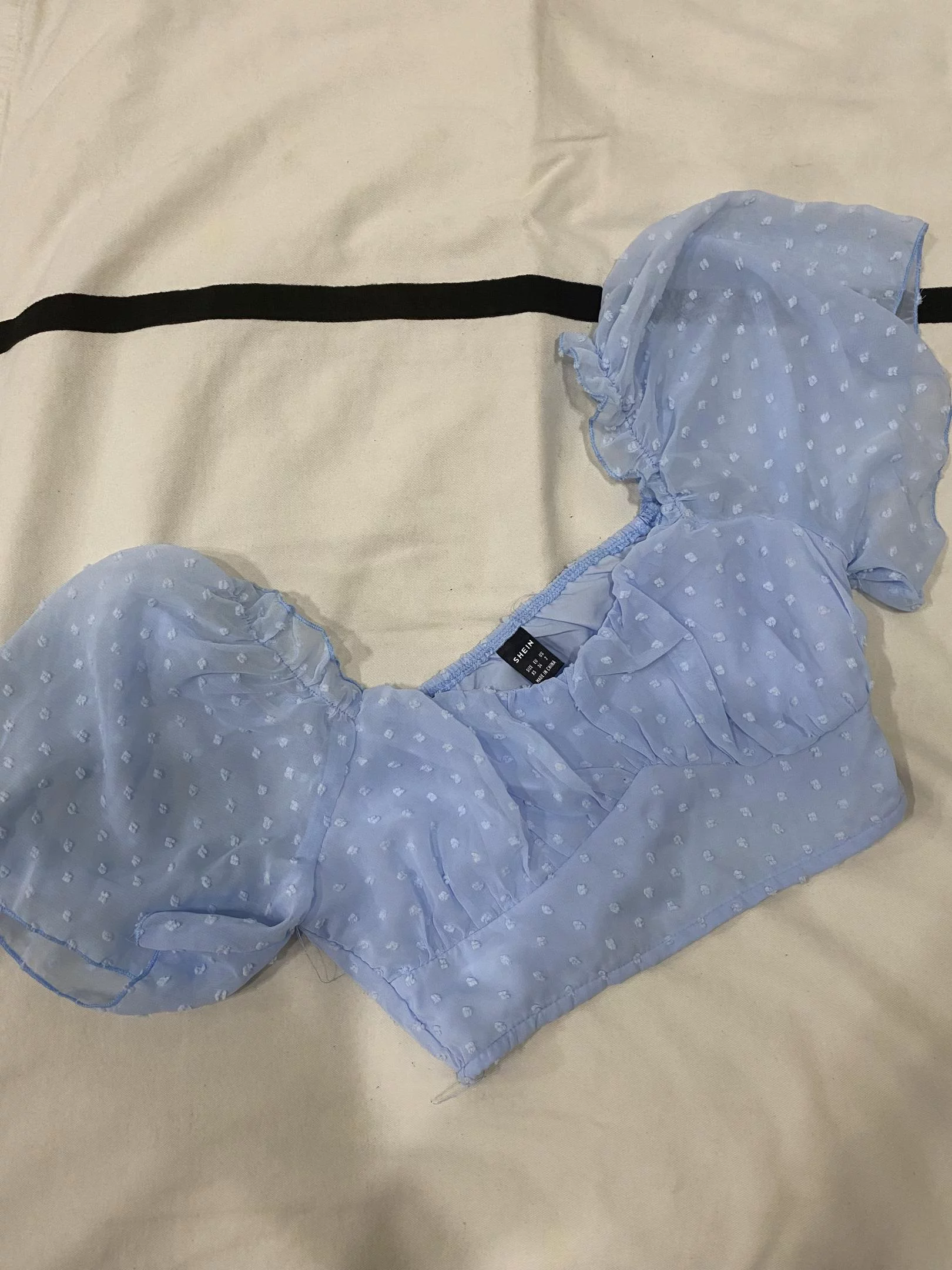 Shein Swiss Dot Sweet Heart Neck Ruched Busy Crop Top Blouse in Baby Blue